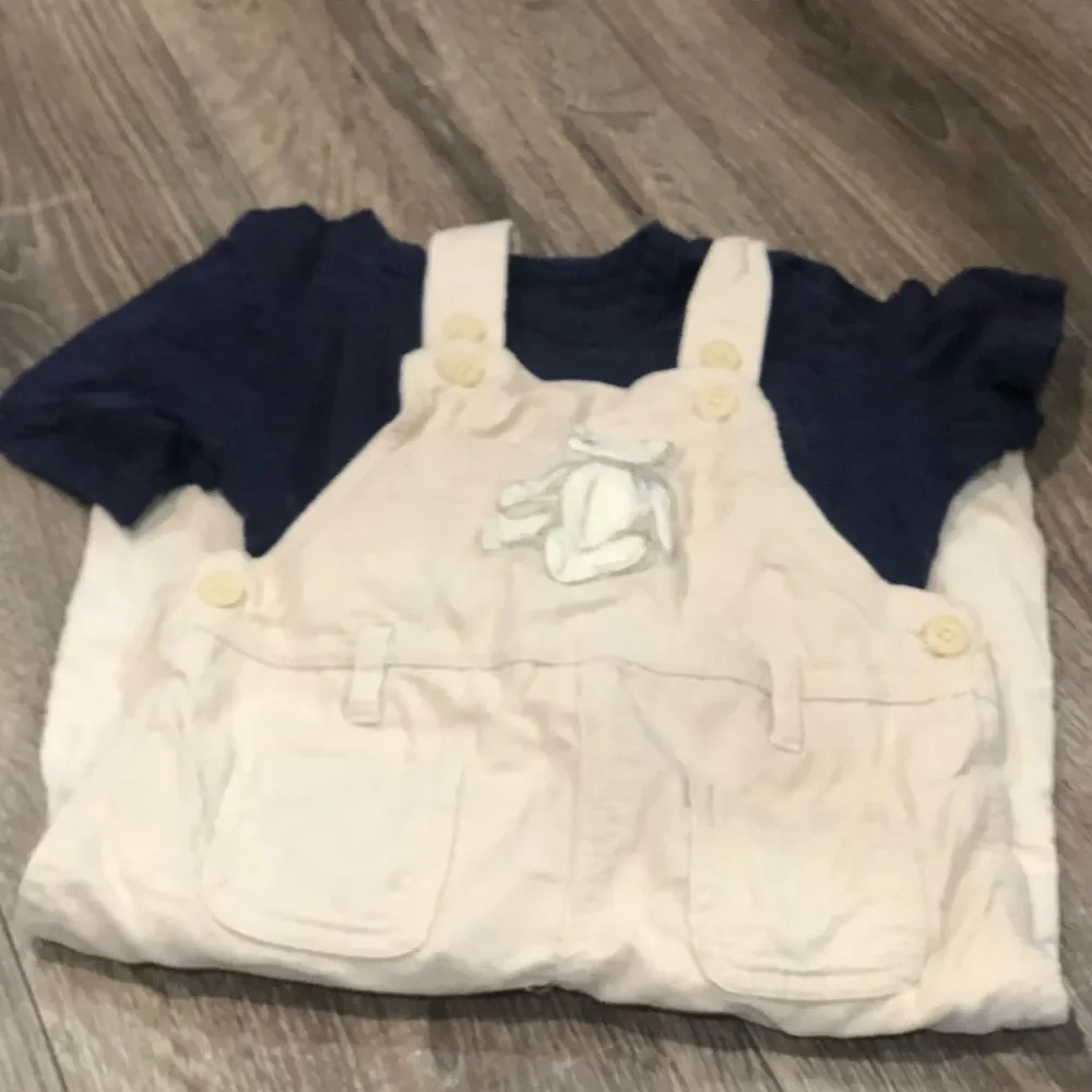 Kids Outfit Set Size 2-3 yrs Cream Overalls with Navy Shirt 2 pcs